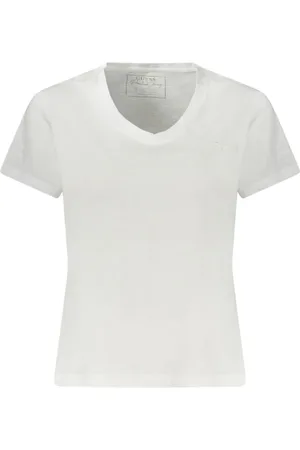 Guess Koszulki, Kobieta, Biały, S, Bawełna, Biały Bawełniany T-shirt z Dekoltem w Literę V