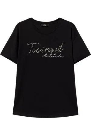 Twin-Set Koszulki, Kobieta, Czarny, M, Bawełna, Czarne T-shirty i Pola Kolekcja Actitude