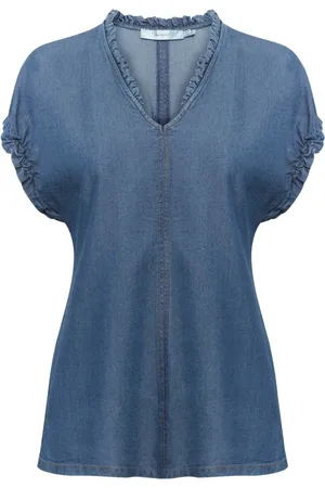 INWEAR Bluzki, Kobieta, Niebieski, L, Niebieski Top z Dekoltem V i Falbanką