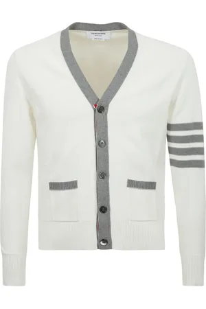 Thom Browne Swetry, Mężczyzna, Biały, L, Kardigan z haftem logo i kontrastowym wykończeniem