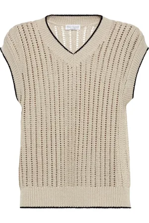 Brunello Cucinelli Swetry, Kobieta, Beżowy, XS, V-Neck Sleeveless Sweater