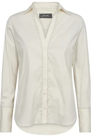 Mos Mosh Bluzki, Kobieta, Beżowy, XS, Bawełna, Feminine Wave Shirt z Haftowanym Brzegiem