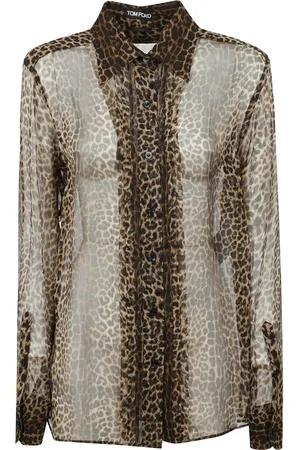 Tom Ford Bluzki, Kobieta, brązowy, S, Jedwabna Koszula z Wzorem Leoparda i Plisowanym Detailem