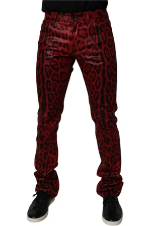 Dolce & Gabbana Jeansy, Mężczyzna, Czerwony, M, Denim, Leopard Design Slim Fit Denim Jeansy