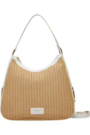Twin-Set Torebki, Kobieta, Beżowy, ONE SIZE, Beżowa Torba Hobo z Haftem i Zapięciem T