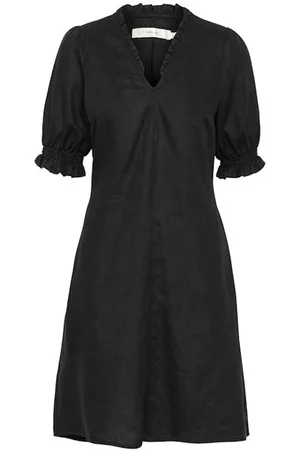 INWEAR Sukienki, Kobieta, Czarny, XL, Len, Czarna Sukienka A-linii z Dekoltem w serek