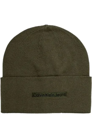 Calvin Klein Akcesoria, Mężczyzna, Zielony, ONE SIZE, Zielony Bawełniany Beanie Czapka