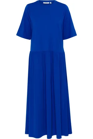 INWEAR Sukienki, Kobieta, Niebieski, 2XS, Len, Niebieska Długa Sukienka z Faldą