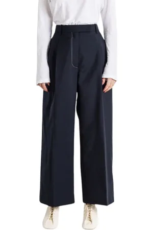 Thom Browne Spodnie, Kobieta, Niebieski, L, Granatowe Wełniane Proste Spodnie