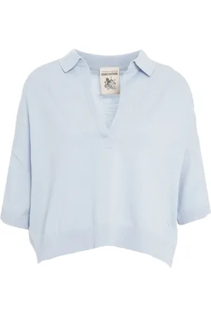 SEMICOUTURE Bluzki, Kobieta, Niebieski, S, Niebieski T-shirt z bawełny z dekoltem w serek