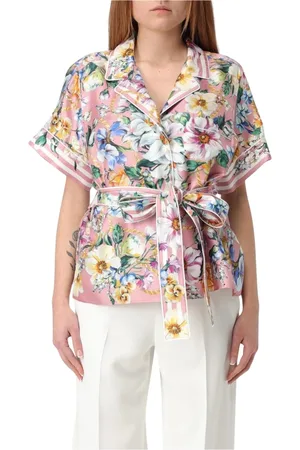 Dolce & Gabbana Bluzki, Kobieta, Wielobarwność, S, Kwiatowa jedwabna koszula z paskiem