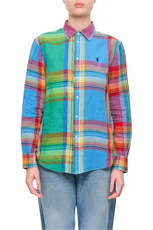 Ralph Lauren Bluzki, Kobieta, Wielobarwność, L, Niebieska Koszula w Kratę z Lnu i Bawełny