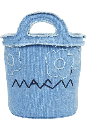 Marni Torebki, Kobieta, Niebieski, ONE SIZE, Denim, Denimowa torba wiaderko z haftowanym logo i kwiatowymi detalami