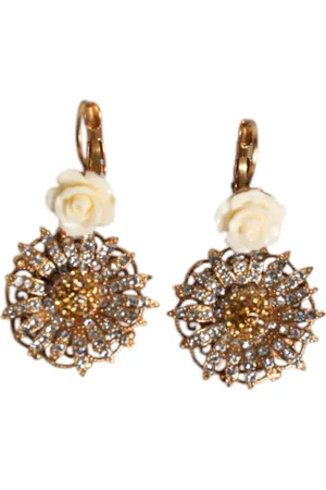 Dolce & Gabbana Akcesoria, Kobieta, Żółty, ONE SIZE, Białe kwiaty kryształowe wiszące kolczyki