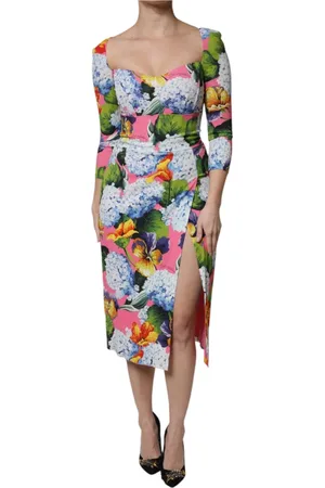 Dolce & Gabbana Sukienki, Kobieta, Wielobarwność, XL, Kwiatowa Sukienka Midi z Rozcięciem