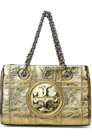 Tory Burch Torebki, Kobieta, Żółty, ONE SIZE, Skóra, Metaliczna skórzana torba na ramię