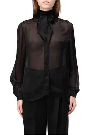 Saint Laurent Bluzki, Kobieta, Czarny, M, Czarna Jedwabna Bluzka z Wysokim Kołnierzem