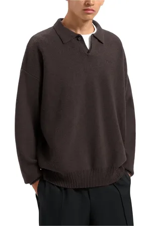 OLAF HUSSEIN Swetry, Mężczyzna, brązowy, L, Nylon, Oversized Sweter Polo Brunette Styl Casualowy