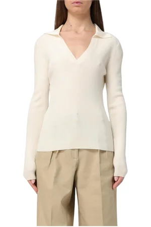 Allude Swetry, Kobieta, Biały, L, Kaszmir, Biała Z żebrem V-Neck Sweter