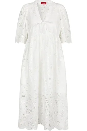 Crās Sukienki, Kobieta, Biały, XL, Bawełna, Biała Sukienka Midi z Koronką Broderie Anglaise