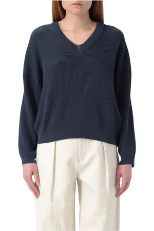 Brunello Cucinelli Swetry, Kobieta, Niebieski, XS, Kaszmrowy sweter z dekoltem w serek