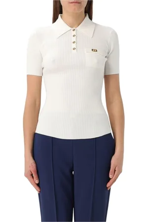 Elisabetta Franchi Koszulki, Kobieta, Biały, L, Czarny Sweter Polo z Żebrowaniem