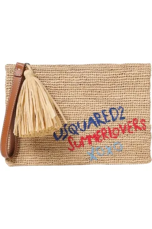 Dsquared2 Torebki, Kobieta, Beżowy, ONE SIZE, Haftowany Logo Słoma Clutch