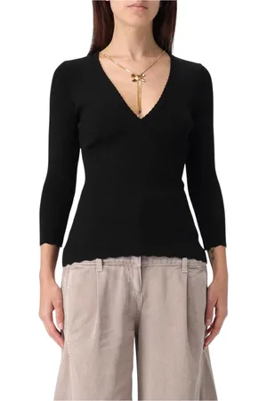 Elisabetta Franchi Swetry, Kobieta, Czarny, XL, Czarny Sweter z dekoltem w serek i ściągaczem