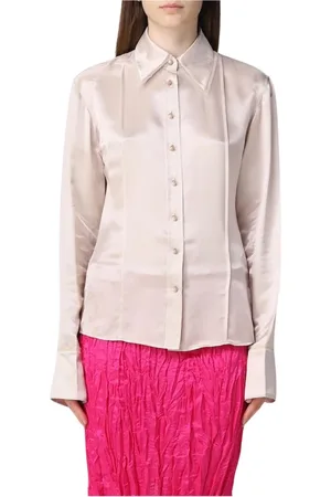 Acne Studios Bluzki, Kobieta, Beżowy, S, Elegant Silk Satin Blouse Shirt