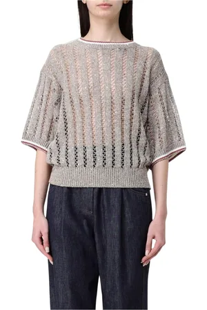 Brunello Cucinelli Swetry, Kobieta, brązowy, XS, Beżowy Sweter z Otwartym Dzianiem