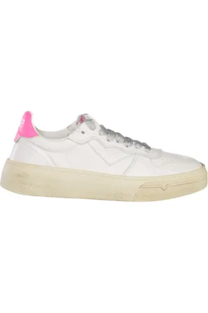 4b12 Buty, Kobieta, Biały, 38 EU, Białe Skórzane Sneakersy z Fioletowym Detalem