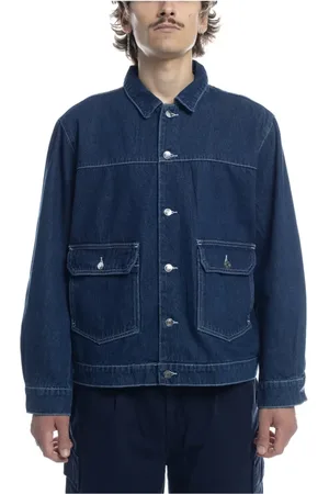Pop Trading Company Koszule, Mężczyzna, Niebieski, S, Denim, Kurtka Denimowa z Srebrnymi Guzikami