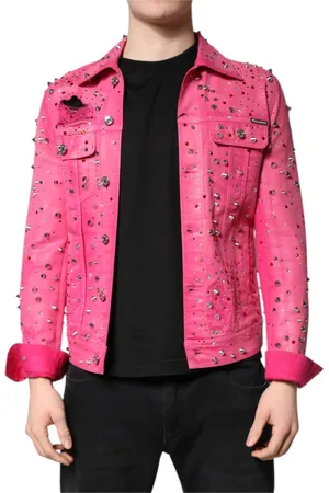 Dolce & Gabbana Kurtki, Mężczyzna, Różowy, S, Bawełna, Różowa Kurtka z Ozdobnymi Kryształami