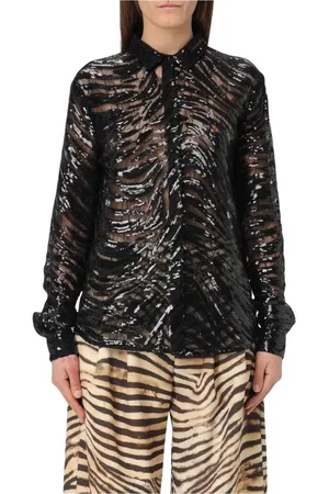 Roberto Cavalli Bluzki, Kobieta, Czarny, XS, Bluzka z cekinami i koronką w paski zebry