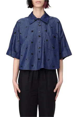 Kaos Bluzki, Kobieta, Niebieski, L, Denim, Denim Button-Up Koszula z Stylem