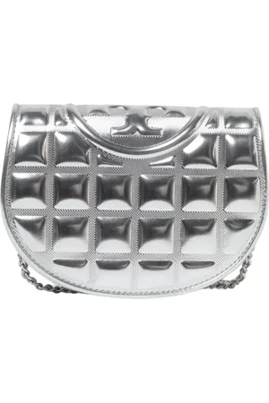 Tory Burch Torebki, Kobieta, Szary, ONE SIZE, Pikowana torba Half Moon na ramię