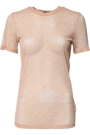 Dolce & Gabbana Koszulki, Kobieta, Beżowy, M, Nylon, Sheer Logo Monogram Crew Neck Top