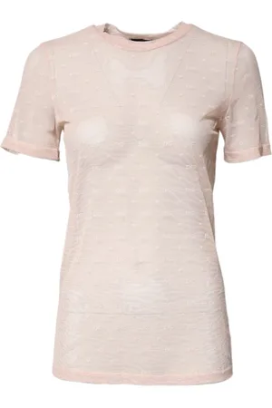 Dolce & Gabbana Koszulki, Kobieta, Beżowy, M, Nylon, Sheer Logo Monogram Crew Neck Top