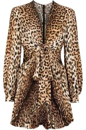 Roberto Cavalli Sukienki, Kobieta, brązowy, S, Sukienka Mini w Leopardi Wzór z Dekoltem V