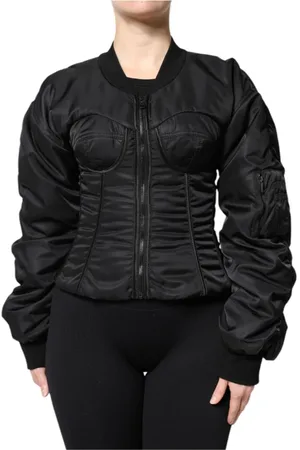 Dolce & Gabbana Kurtki, Kobieta, Czarny, 2XS, Nylon, Kurtka bomber z gorsetem i leopardzym nadrukiem