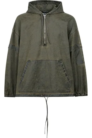 Acne Studios Kurtki, Mężczyzna, Zielony, L, Kurtka z kapturem z bawełny z skórzanym emblematem