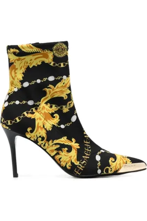 VERSACE Buty, Kobieta, Wielobarwność, 39 EU, Len, Czarne Botki z Barokowym Nadrukiem