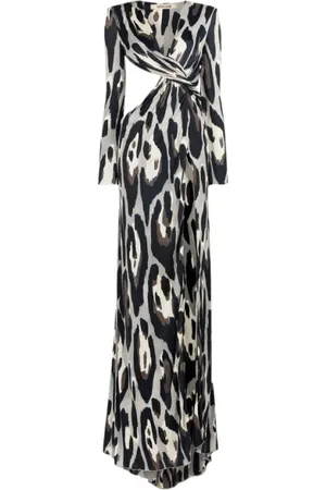 Roberto Cavalli Sukienki, Kobieta, Szary, S, Sukienka Maxi z nadrukiem jaguara i wycięciem