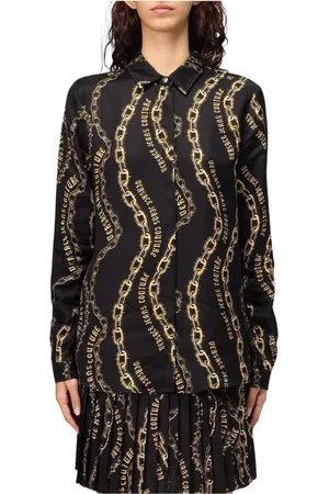 VERSACE Bluzki, Kobieta, Czarny, 3XS, Jedwabna bluzka z łańcuchem