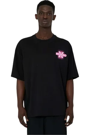 John Richmond Koszulki, Mężczyzna, Czarny, S, Bawełna, T-shirt z grafiką zastosowaną z tyłu i logo nadrukowane z przodu