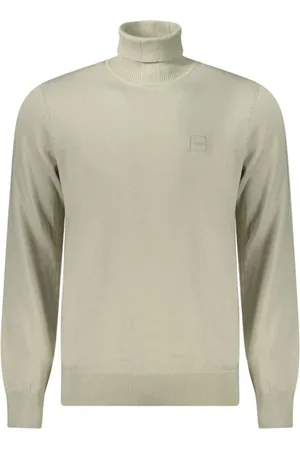 HUGO BOSS Swetry, Mężczyzna, Beżowy, L, Miękki sweter z golfem z haftem