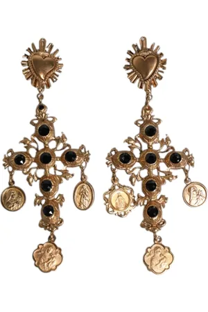 Dolce & Gabbana Akcesoria, Kobieta, Żółty, ONE SIZE, Czarne Krystaliczne Wiszące Kolczyki z Krzyżem