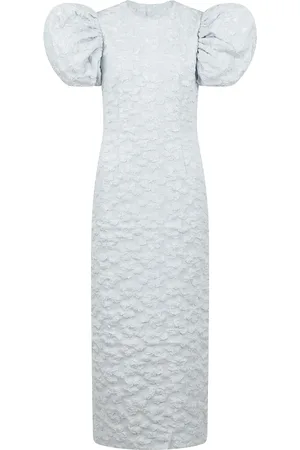 ROTATE Sukienki, Kobieta, Niebieski, L, Midi z efektem jacquard i bufiastymi rękawami