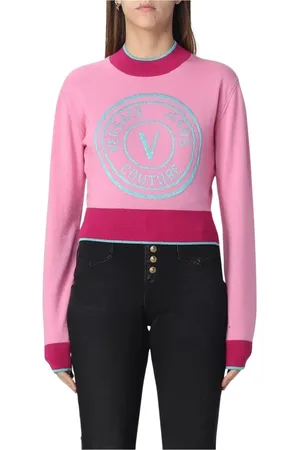 VERSACE Swetry, Kobieta, Różowy, S, Różowy Sweter z Haftem i Żebrowanymi Lamówkami