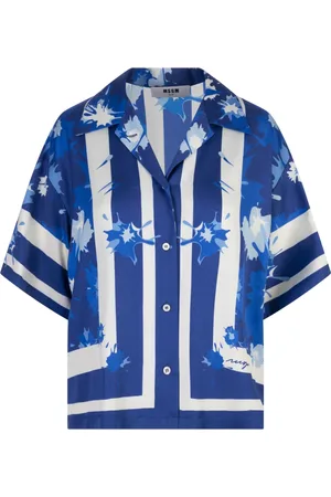 Msgm Bluzki, Kobieta, Niebieski, 2XS, Kobaltowa koszula z nadrukiem z wiskozy